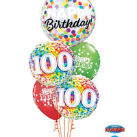 100th Birthday Rainbow Dots Bubble Balloon Bouquet Helium and Weight