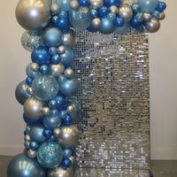 Garland Balloon Arch Blue Confetti and Silver Shimmer Wall Rental