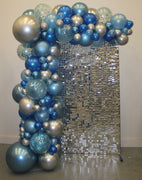 Garland Balloon Arch Blue Confetti and Silver Shimmer Wall Rental