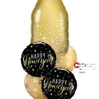 New Year Golden Bubbly Wine Bottle Balloon Bouquet with Helium and Weight