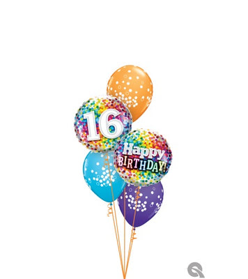 16th Birthday Rainbow Dots Balloons Bouquet with Helium and Weight