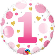 18 inch Pink Dots Number 1 Foil Balloons