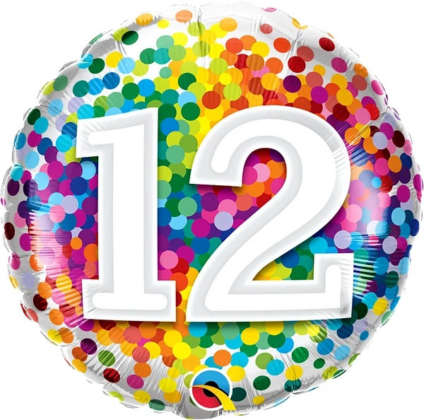 18 inch Rainbow Confetti Dots Number 12 Foil Balloons