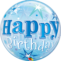 Happy Birthday Milestone Blue Starburst Sparkle Bubbles Balloon with Helium