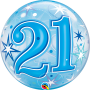 21st Birthday Blue Starburst Sparkle Bubble Balloon with Helium