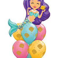 Mermaid Seashell Birthday Balloon Bouquet with Helium and Weight