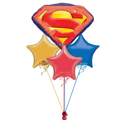 Superman Emblem Stars Birthday Balloon Bouquet with Helium and Weight