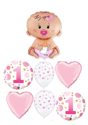 1st Birthday Cute Baby Girl Balloon Bouquet with Helium and Weight