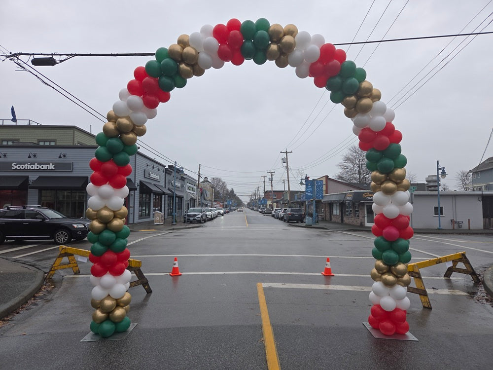 Christmas Stacked Balloon Arch Red White Gold Green