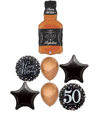 50th Birthday Whiskey Bottle Balloon Bouquet with Helium Weight
