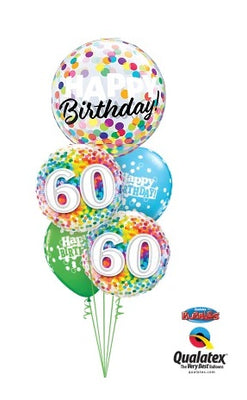 60th Birthday Rainbow Dots Bubble Balloon Bouquet with Helium Weight