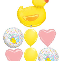 Baby Shower Yellow Duck Pink Heart Balloon Bouquet with Helium Weight