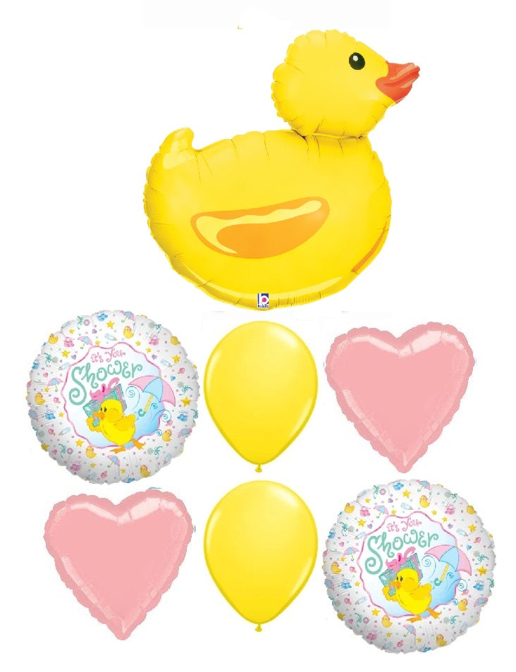 Baby Shower Yellow Duck Pink Heart Balloon Bouquet with Helium Weight