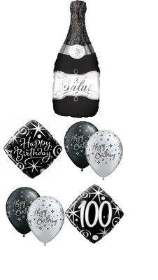 100th Birthday Champagne Bottle Black Diamond Balloon Bouquet