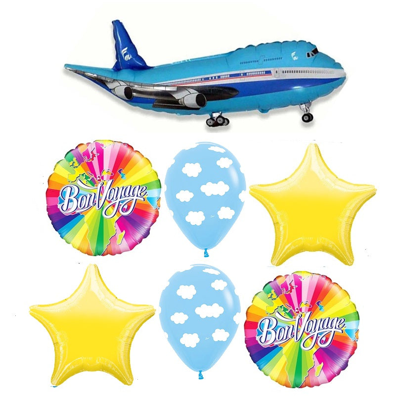 Blue Airplane Bon Voyage Balloons Bouquet with Helium and Weight