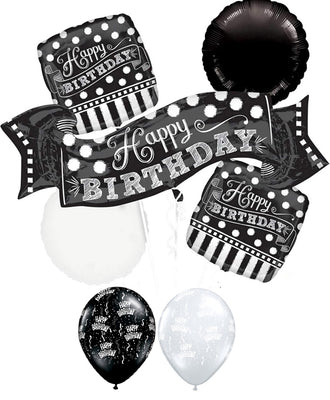 Chalkboard Black White Birthday Balloon Bouquet with Helium and Weight