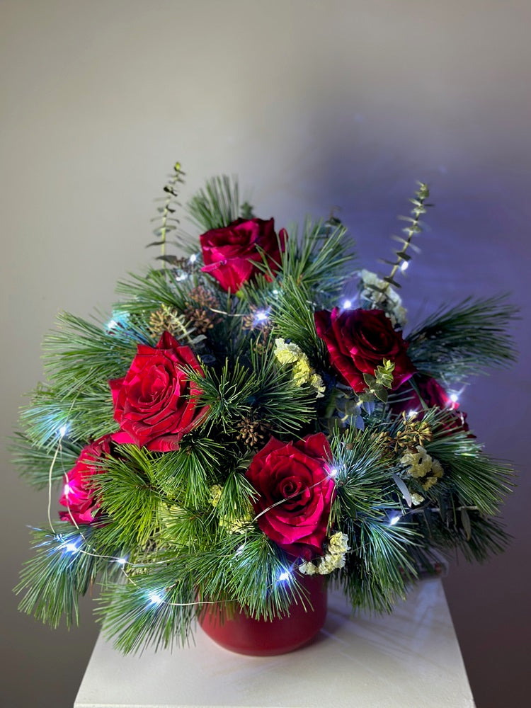 Christmas Roses LED White Lights Flower Centerpiece with Vase