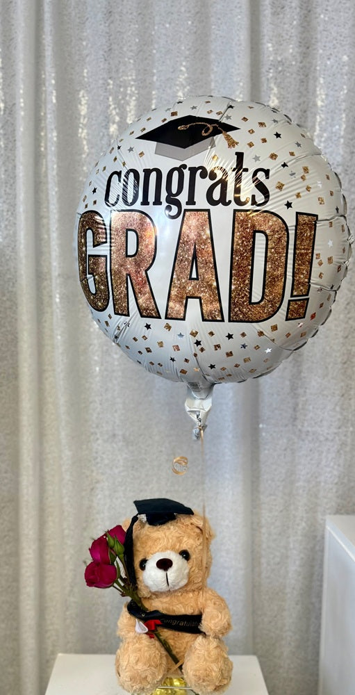 Graduation Tan Plush Bear Rose Flowers Helium Congrats Grad Balloon