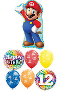 Mario Brothers 12th Birthday Balloon Bouquet with Helium and Weight