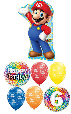 Mario Brothers 6th Birthday Balloon Bouquet with Helium and Weight