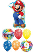 Mario Brothers 9th Birthday Balloon Bouquet with Helium and Weight