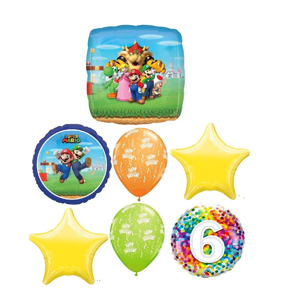 Mario Brothers Bros 6th Birthday Balloon Bouquet with Helium Weight