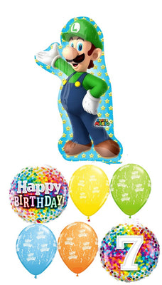 Mario Brothers Luigi 7th Birthday Balloon Bouquet with Helium Weight