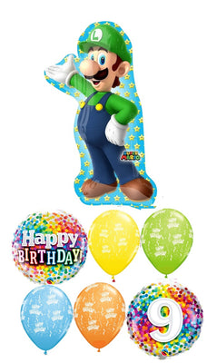 Mario Brothers Luigi 9th Birthday Balloon Bouquet with Helium Weight