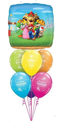 Mario Brothers Happy Birthday Cake Balloon Bouquet with Helium Weight
