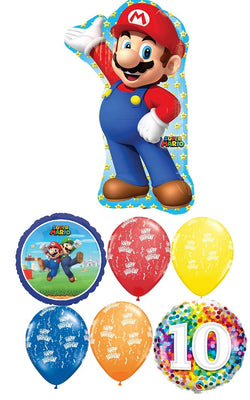 Mario Brothers 10th Birthday Balloon Bouquet with Helium and Weight