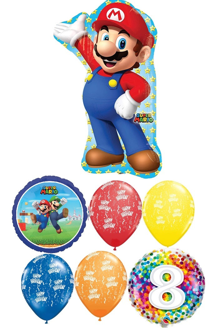 Mario Brothers 8th Birthday Balloon Bouquet with Helium and Weight