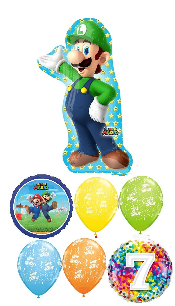 Mario Brothers Luigi 7th Birthday Balloon Bouquet with Helium Weight