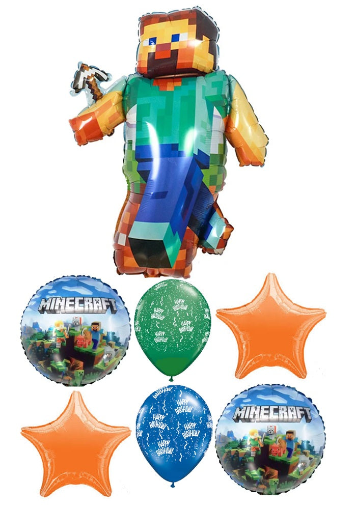 Minecraft Blue Birthday Balloons Bouquet with Helium and Weight