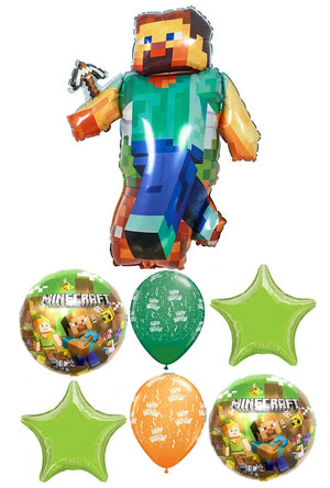 Minecraft Green Birthday Balloons Bouquet with Helium and Weight