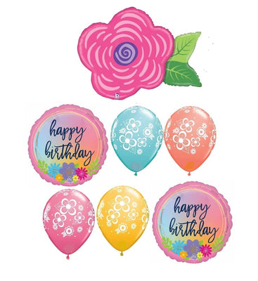 Pink Flower Birthday Balloon Bouquet with Helium and Weight