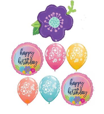 Purple Flower Happy Birthday Balloon Bouquet with Helium Weight