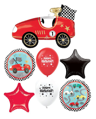 Race Car Trophy Checkered Flag Birthday Balloons Bouquet Helium Weight