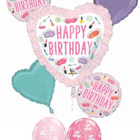 Spa Party Happy Birthday Hearts Balloon Bouquet with Helium and Weight