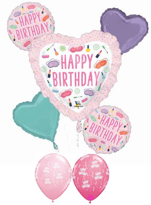 Spa Party Happy Birthday Hearts Balloon Bouquet with Helium and Weight