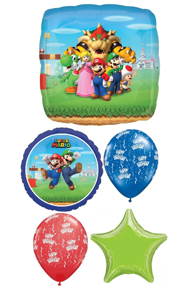 Super Mario Brothers Star Birthday Balloon Bouquet with Helium Weight