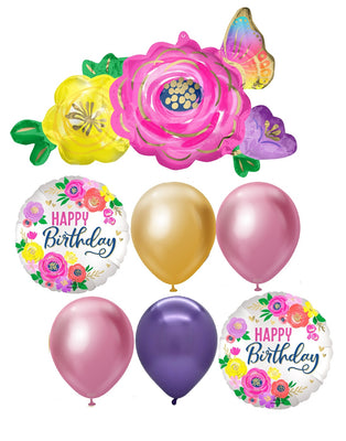 Beautiful Flowers and Butterfly Birthday Balloons Bouquet with Helium Weight
