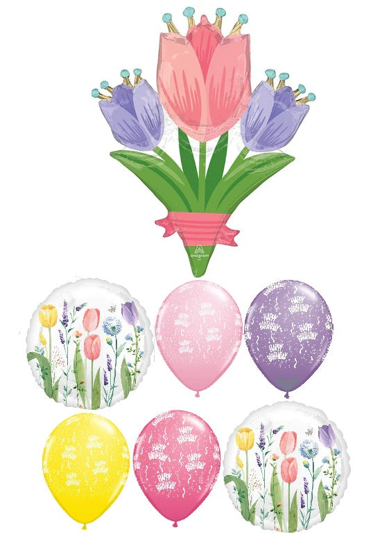 Birthday Tulips Flowers Balloon Bouquet with Helium and Hi Float