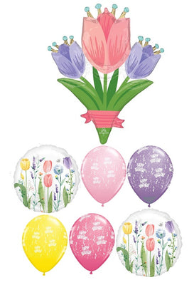 Birthday Tulips Flowers Balloon Bouquet with Helium and Hi Float