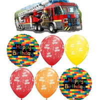 Fire Truck Lego Birthday Balloon Bouquet with Helium and Weight