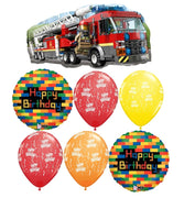 Fire Truck Lego Birthday Balloon Bouquet with Helium and Weight