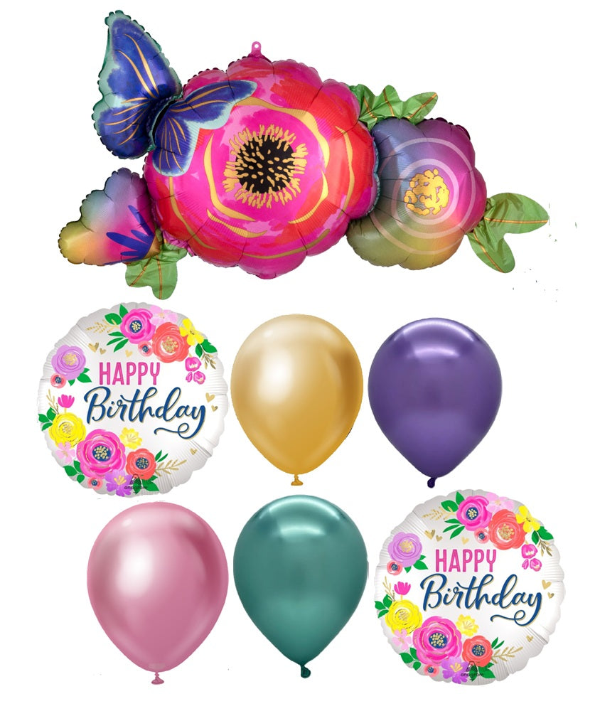 Satin Flowers Butterflies Birthday Balloons Bouquet with Helium Weight