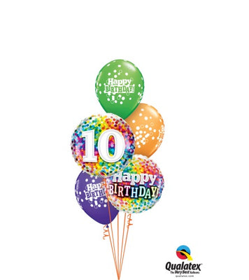 10th Birthday Rainbow Dots Balloons Bouquet with Helium Weight