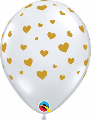 11 inch Gold Hearts Around  Clear Balloons with Helium and Hi Float