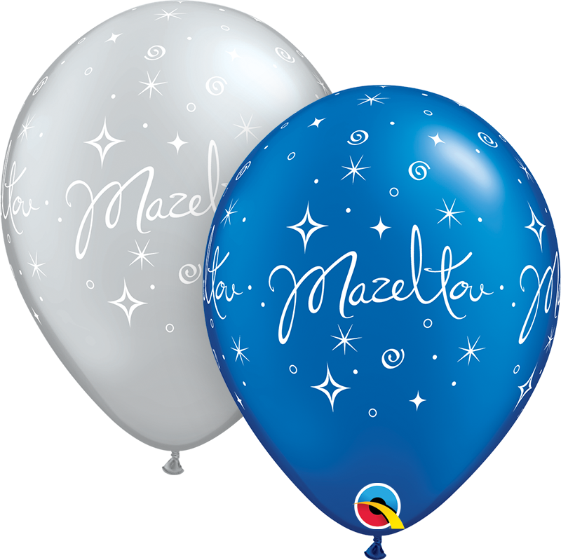 11 inch Hebrew Mazel Tov Silver Blue Balloons with Helium and Hi Float