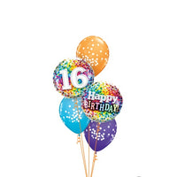 16th Birthday Rainbow Dots Balloons Bouquet with Helium and Weight